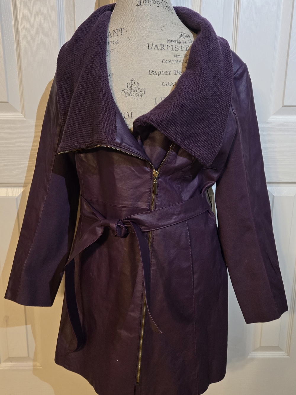 Rare Purple Genuine Leather IMAN Leather Asymmetric Trent Belted Coat Women’s XL
